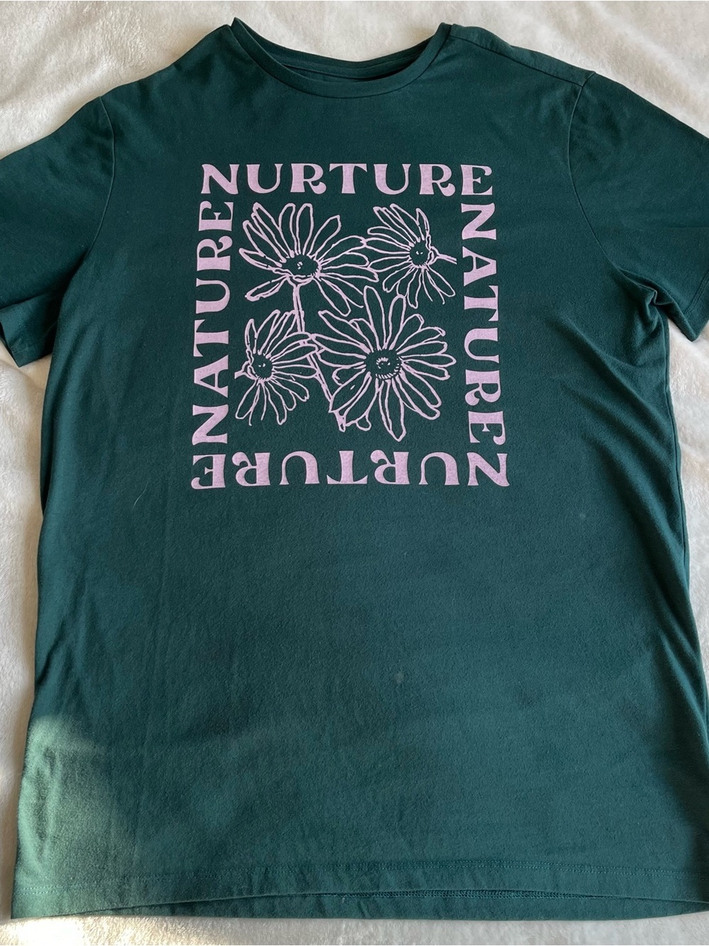 Green Graphic Tee with Pink 'Nurture Nature' Floral Print